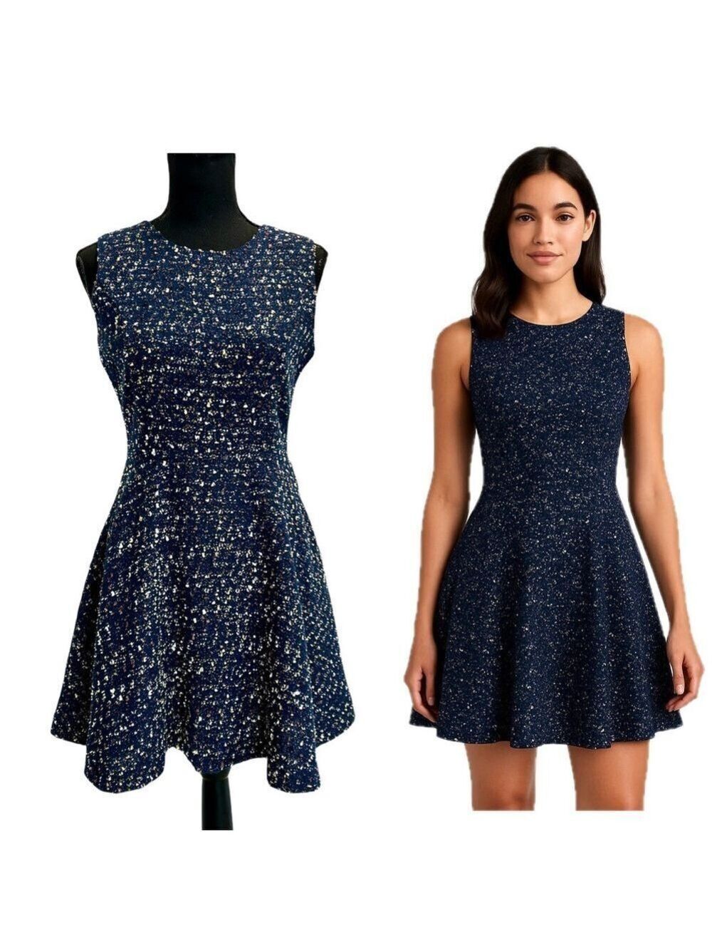Loft blue speckled textured tweed sleeveless skater circle fit flare mini dress